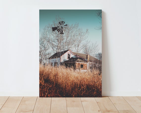 Rustic Farm Scene Landscape Photography - Farmhouse Decor - Rustic Decor - Windmill - Large wall art - living room wall art - nature prints