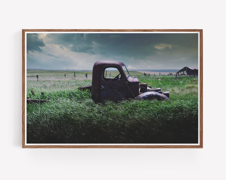 Pu&ograve; includere: Un camioncino rosso arrugginito &egrave; parzialmente immerso in un campo di erba verde alta. Il camioncino &egrave; rivolto verso il lato destro dell'immagine e la cabina &egrave; visibile. Il cielo &egrave; nuvoloso e lo sfondo &egrave; un campo di erba verde.