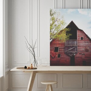 May include: A red barn with a large open doorway and a partially open door. The barn is weathered and has several windows. A tree with green leaves is in front of the barn.
