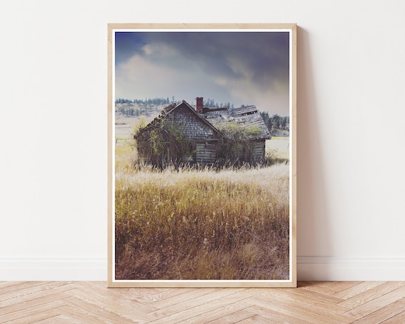 Rustic Photography Print Wall Art - old abandoned house with vines, countryside landscape, field, sky and clouds, colorful landscape print