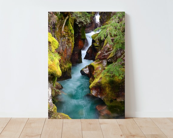 Avalanche Falls - Landscape wall art - Glacier National park - nature wall art - waterfalls - moss - large wall art - living room wall art