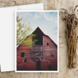 May include: A red wooden barn with a large open door and a green tree in front of it. The barn has a weathered look and is set against a blue sky with white clouds.