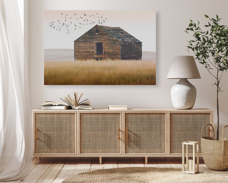 May include: A photograph of a weathered wooden farmhouse in a field with a flock of birds flying overhead. The farmhouse is a light brown color with a dark brown roof. The field is a light brown color with tall grass. The sky is a light blue color with a few clouds.
