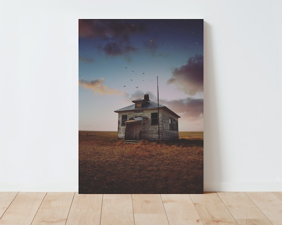 Charming Rustic Schoolhouse and Landscape Photography - rustic decor - farmhouse decor - night photography - western decor - large wall art