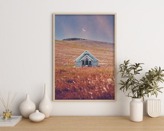 Crescent Moon and Schoolhouse Landscape | colorful landscape | montana landscape | large wall art | serene | colorful | farmhouse prints