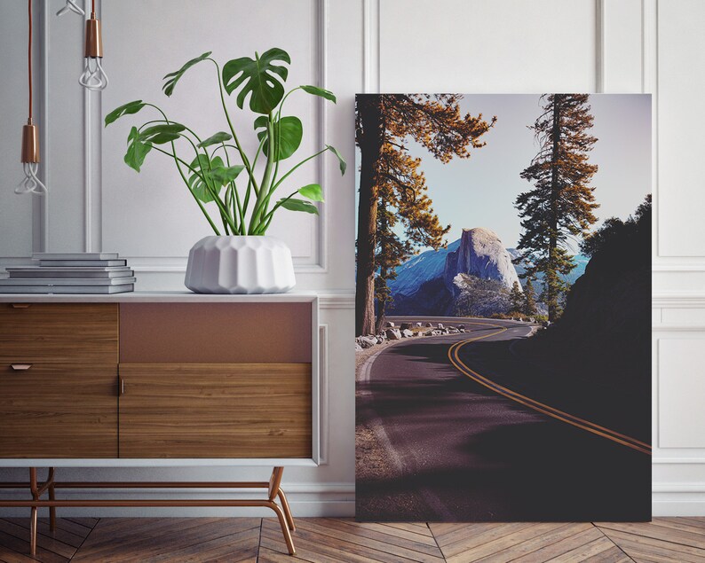 Pu&ograve; includere: Una fotografia panoramica di una strada tortuosa che conduce a una cima di montagna nel Parco Nazionale di Yosemite. La strada &egrave; fiancheggiata da alberi e la montagna &egrave; visibile in lontananza.