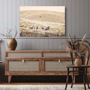 May include: A framed photograph of a group of deer in a field of tall grass. The photograph is hanging on a wall above a wooden dresser with a woven rattan front.