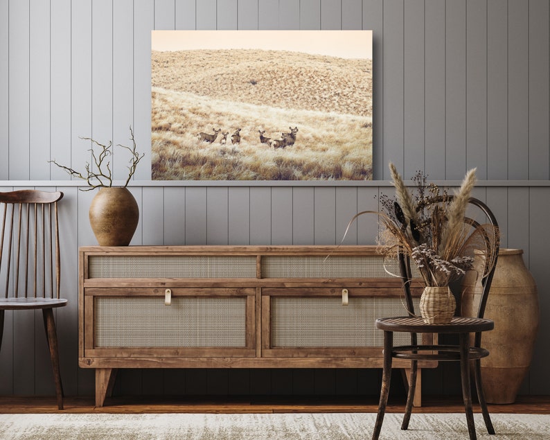 May include: A framed photograph of a group of deer in a field of tall grass. The photograph is hanging on a wall above a wooden dresser with a woven rattan front.