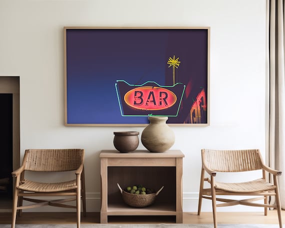 Neon Bar Sign Wall Art - vintage bar sign photography, night photography, funny bar sign, retro bar sign, mid century modern signage, print