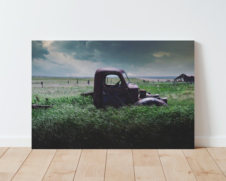 Pu&ograve; includere: Un camioncino rosso arrugginito &egrave; parzialmente immerso in un'alta erba verde. Il camioncino &egrave; rivolto verso la parte posteriore della fotocamera, e la cabina &egrave; visibile. Il cielo &egrave; nuvoloso e ci sono nuvole scure in lontananza.