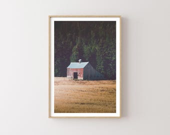 Faded Red Barn Print: Montana Woodland Landscape, Western Wall Art