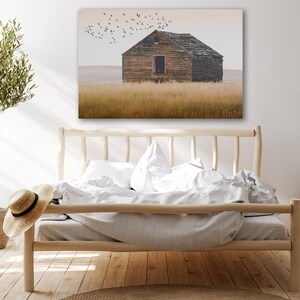 May include: A rustic wooden barn with a single window stands in a field of tall grass. A flock of birds flies overhead against a light blue sky.