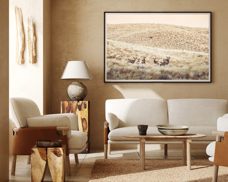 May include: A living room interior with a white sofa, two armchairs, a coffee table, and a framed photograph of a herd of deer in a field. The room is decorated with wooden accents and a neutral color palette.
