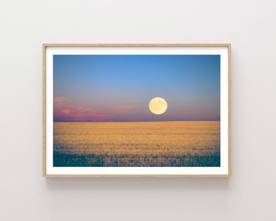 "Harvest Moon" - Moon and wheat field sunset photography