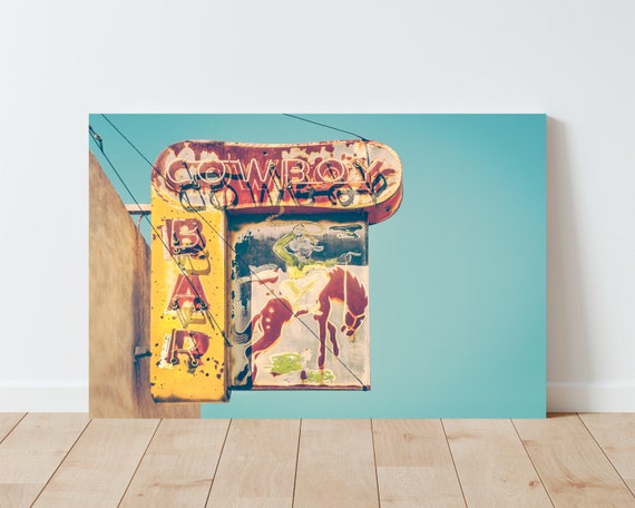 Vintage Cowboy Neon Sign Photography - Western Decor - Rustic Decor - Large wall art - Farmhouse Decor - Neon Sign Print - cowboy wall art