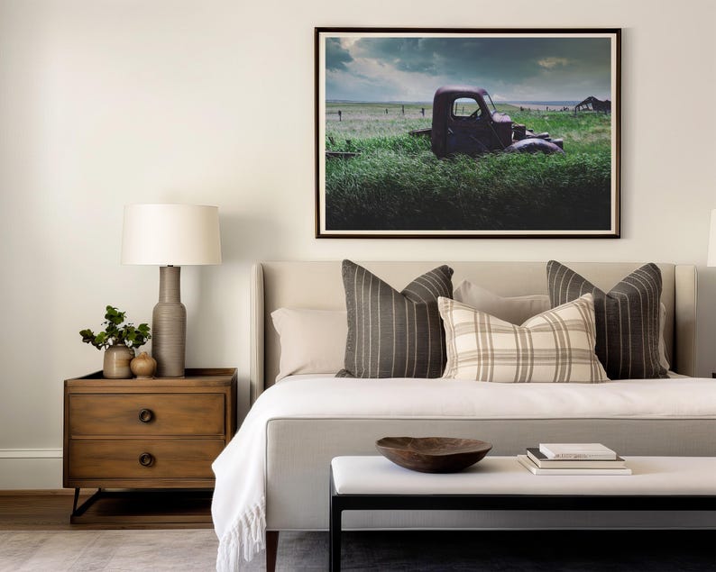 Pu&ograve; includere: Un letto bianco con una coperta bianca e un cuscino a quadri marroni e bianchi. C'&egrave; un comodino in legno con una lampada e un'immagine di un camion arrugginito in un campo sul muro.