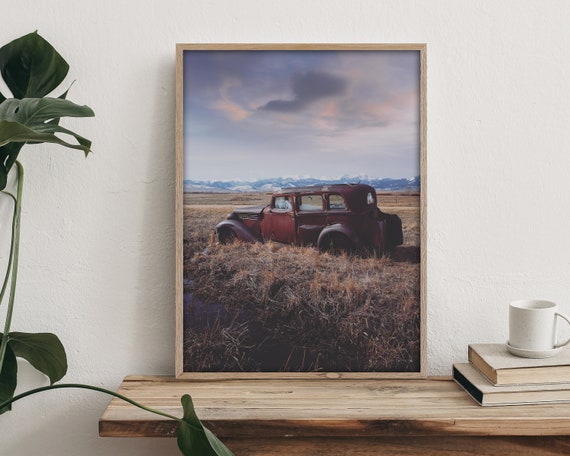 Rustic Decor - Landscape Wall Art - Vintage Car - mountain wall art - nature wall art - farmhouse decor - living room wall art - cabin decor