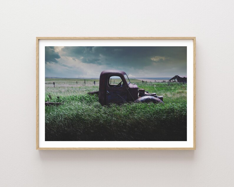 Pu&ograve; includere: Un camioncino rosso arrugginito parzialmente immerso in un'alta erba verde. Il camioncino &egrave; rivolto verso il lato destro dell'immagine. Lo sfondo &egrave; un cielo nuvoloso con un tocco di blu.