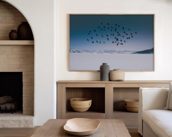 "Snow Birds" - minimalist birds in flight landscape photography, nature wall art