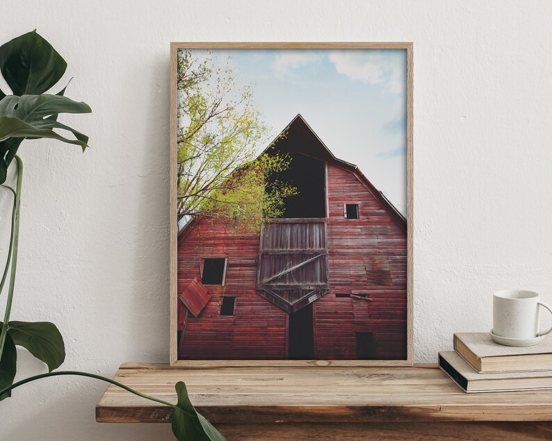 May include: A framed photograph of a red barn with a weathered wooden exterior. The barn has a large open doorway and several windows. A green tree is visible in the foreground.