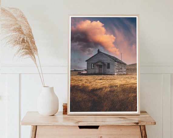 Countryside Schoolhouse and Colorful Landscape - montana landscape and one room schoolhouse under beautiful sky