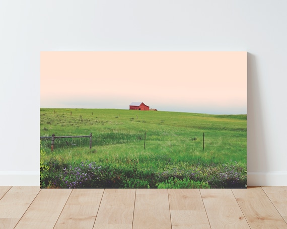 Colorful Meadow Landscape and Red Barn Photography - Barn wall art - Barn photography - farmhouse decor - rustic decor - panoramic wall art