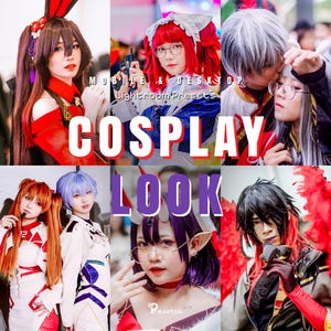 以下が含まれることがあります： 様々なコスプレイヤーの画像コラージュ。「COSPLAY LOOK」のテキストが大きく表示されています。「MOBILE & DESKTOP Lightroom Presets」と「presetok」の文字も確認できます。コスプレイヤーたちはカラフルな衣装を着用しています。
