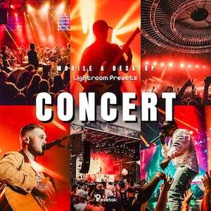 Può includere: Un collage di scene di concerti con illuminazione rosso e arancione brillante. La parola "CONCERT" è ben visibile in grandi lettere bianche. L'immagine include anche il testo "MOBILE & DESKTOP Lightroom Presets".