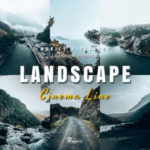 May include: A promotional image for Lightroom presets. The image is a collage of landscape photos with a variety of natural scenes. The text "LANDSCAPE" is prominently displayed, with "Cinema Line" in yellow below. Additional text reads "MOBILE & DESKTOP Lightroom Presets."