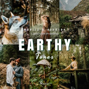 Puede incluir: Un collage con imágenes de tonos terrosos. Las imágenes incluyen un lobo, una mujer con un vestido, una pareja, una seta y una cabaña. El texto en la imagen dice "MOBILE & DESKTOP Lightroom Presets EARTHY Tones".