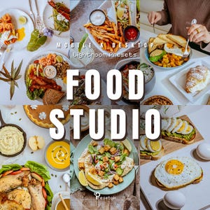 Op de afbeelding: Een collage van diverse gerechten, waaronder friet, salades en eieren, gerangschikt op borden en kommen. De tekst "FOOD STUDIO" staat prominent in het midden, met "MOBILE & DESKTOP Lightroom Presets" erboven.