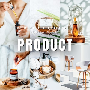 May include: A collage of lifestyle product images. Includes a brown glass bottle with a dropper, soap, a candle, a wooden bowl with a candle and soap dispenser, and two wooden and white chairs. Text reads "MOBILE & DESKTOP Lightroom Presets PRODUCT".