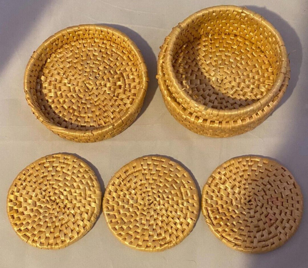 3 Rattan Drink Coasters Woven Wicker Round W Lidded Basket Boho - Etsy