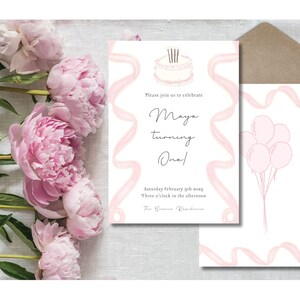 Modèle numérique d'invitation de carte d'anniversaire d'un an | Entièrement personnalisable | Thème/design ballon rose coquette fille | Fille élégante