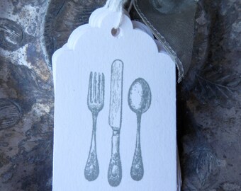 6 Handmade Gift Tags - Vintage Style Silverware - Grey Ink - Party - Wedding - Shower