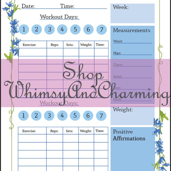 Workout Log, Workout Planner, Track your Fitness, Blue Floral Exercise Log, 8X11, Printable, Digital File