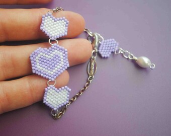 Made to Order: Hand Stitched Beaded Purple and White Hearts, Brick Stitch Valentine's Bracelet