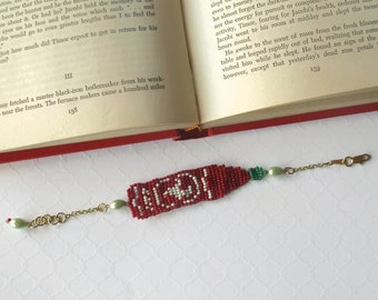 Made to Order: Hand Stitched Sriracha Bracelet, Seed Bead Hot Sauce Bottle, Food Jewelry