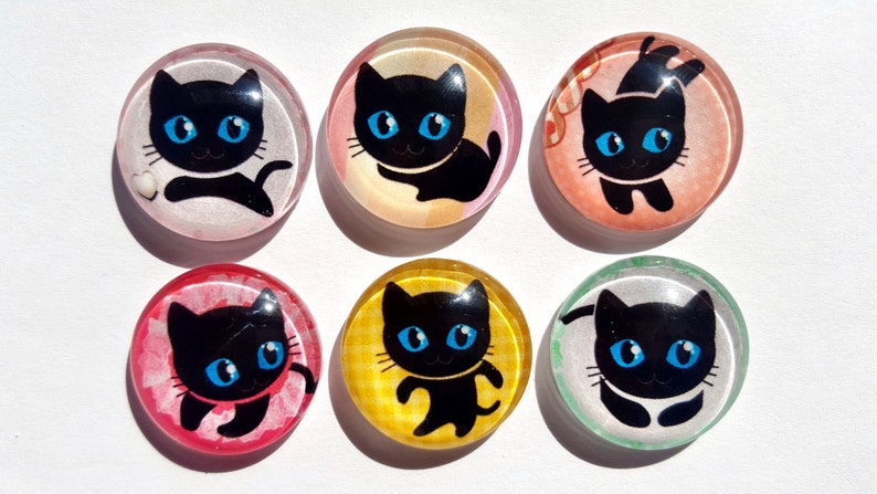 May include: Six round glass cabochons with black cat illustrations on different colored backgrounds. The backgrounds include white, yellow, pink, green, orange, and red.
