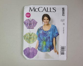 McCalls M6962 Easy Loose Fit Tunic Blouse, Poncho, Pullover Top Sewing Pattern Size ZZ L-XL-XXL.  Uncut.