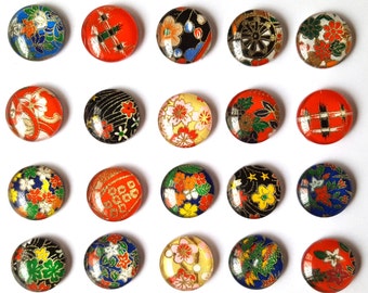 Grab Bag Assorted Glass Chiyogami Magnets. Set of 6 Circle Magnets. Magnets Made with Yuzen Chiyogami Paper.