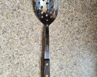 Vintage Robinson Knife Co Stainless USA Large Slotted Serving Spoon Wood Handle