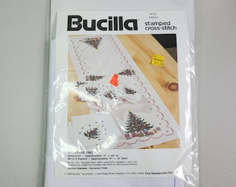 Bucilla Table Runner and Napkins Stamped Cross Stitch Kit. Christmas Tree. NOS Vintage