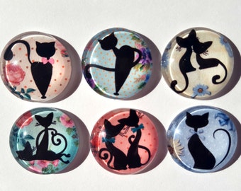 Cat Silhouettes Glass Circle Magnets. Strong Magnet Set of 6 Circle Magnets. Round Magnets-Kitchen Decor. Office Decor. Party Favors. 03