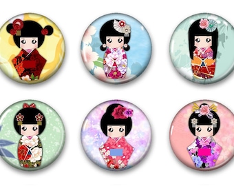 Kokeshi Dolls Glass Circle Magnets. Strong Magnet Set of 6 Circle Magnets. Round Magnets - Kitchen Decor. Office Decor. Party Favors Gifts 2
