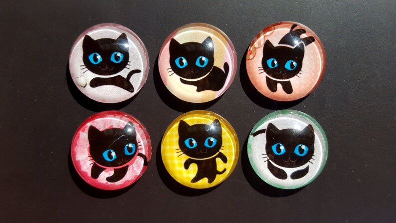 May include: Six round glass cabochons with black cat illustrations. Each cabochon has a different colored background: white, yellow, pink, green, red, and orange.