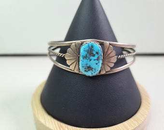 L. T. Chee Navajo Sterling Silver Turquoise Cuff Bracelet . Artist Signed. Vintage Bracelet.