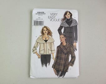 Vogue V8429 Sewing Pattern Misses Shawl Collar Jacket Coat Size 6 8 10 12 Uncut. Very Easy Vogue Pattern 8429.