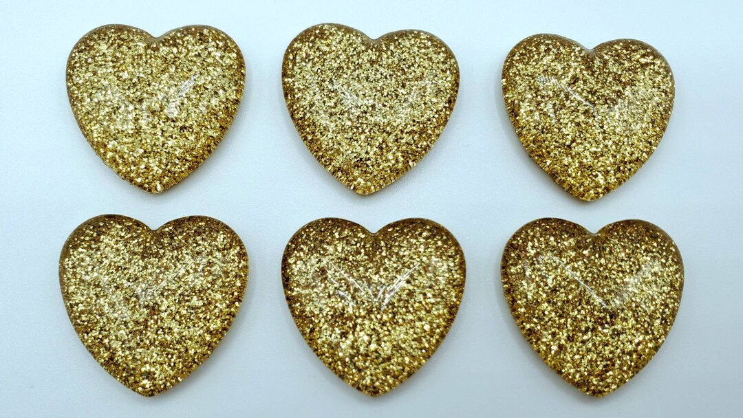 Gold Glitter Glass Heart Magnets. Strong Magnet Set of 6 Heart Magnets ...