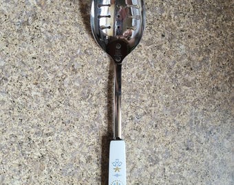 Vintage EKCO Chromium Plated Serving Spoon w/ Dutch Tulip Pattern 11.75 USA made